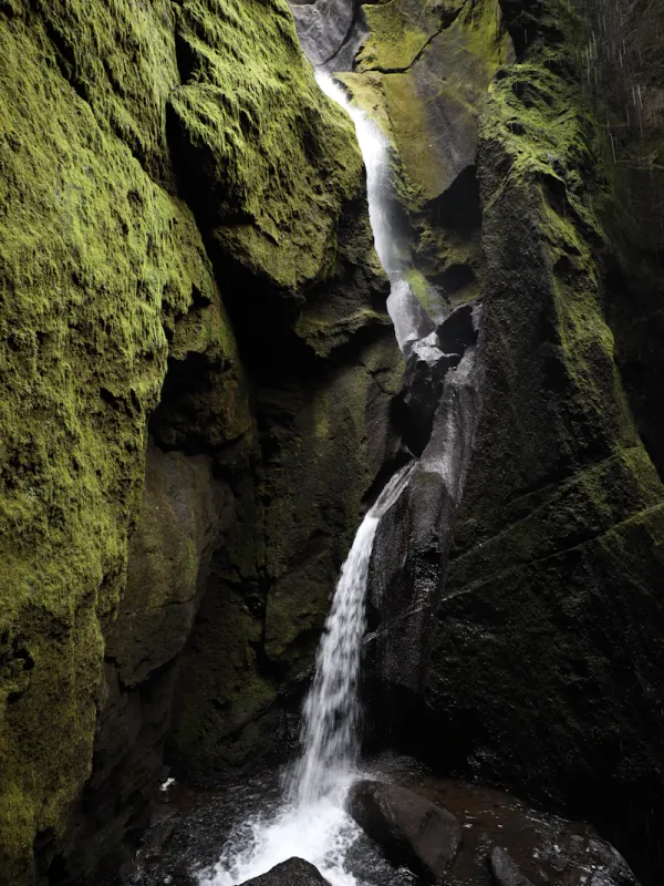 Participant descendant une cascade en rappel dans un canyon étroit