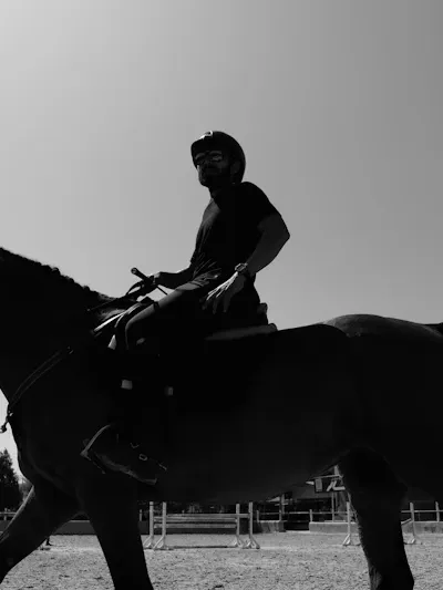 Jeune cavalière au trot dans une carrière ensoleillée
