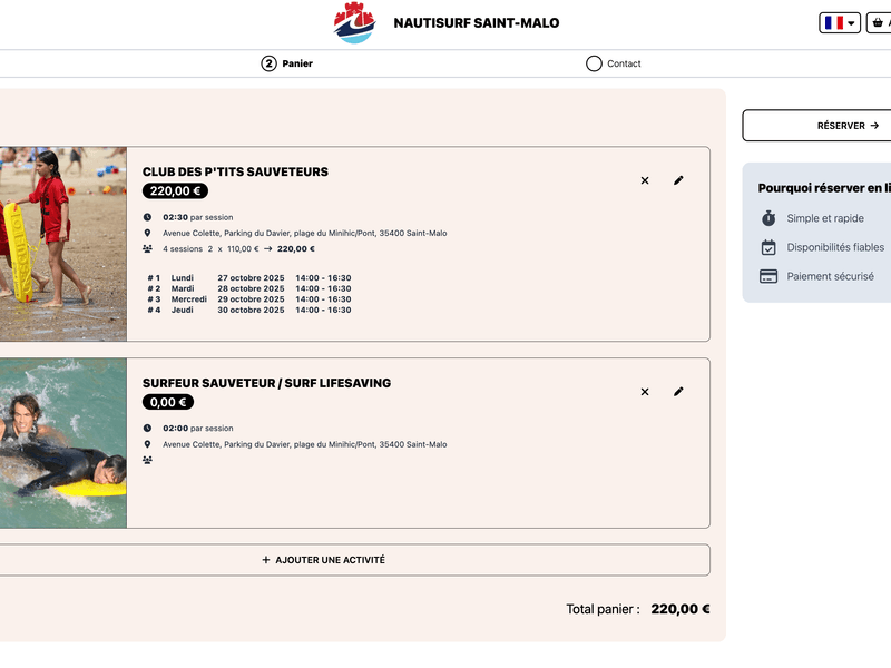 Panier de réservation Izidoor avec bon cadeau