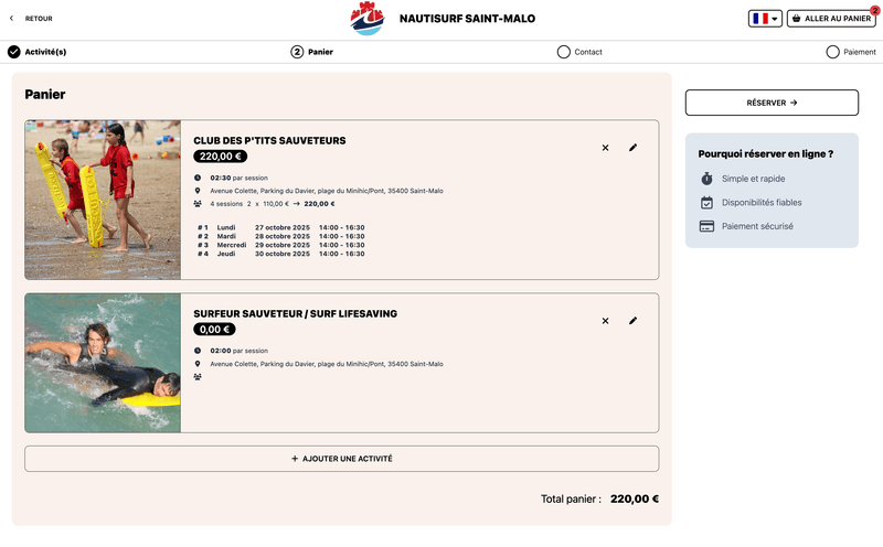 Panier de réservation en ligne